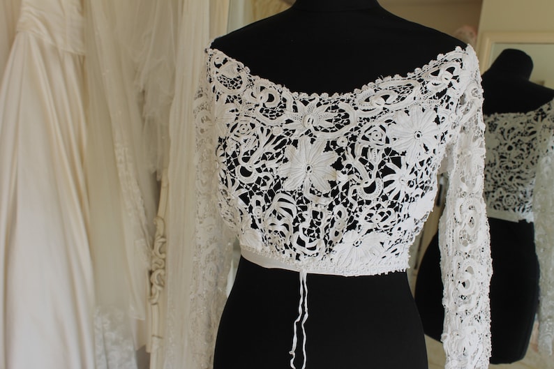 Victorian Irish lace bodice, 1850s wide scoop neck dress top, white antique Jane Austen style empire waist open lace blouse, vintage wedding image 3