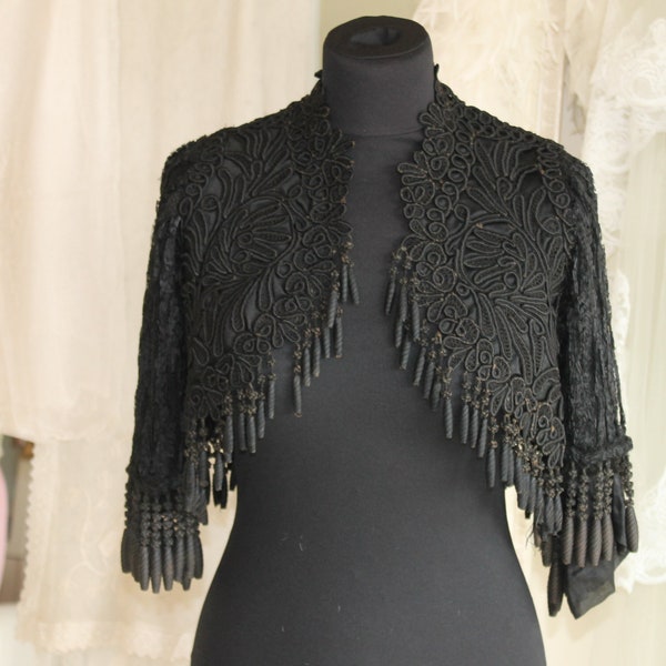 1870s/1880s black Victorian lined heavy lace short sleeve bolero jacket with bead tassels, antique Victorian, Edwardian or Gothic costume