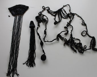 Salvaged Victorian jet beaded black trims, Downton Abbey style Edwardian black fringe bead dress decoration,  old gothic beaded fringe trim