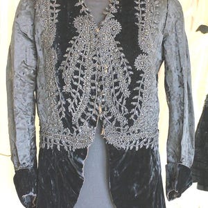 Victorian black velvet jacket, damask & velvet beaded opera coat, antique 1880s quilted coat, Victorian Gothic alternative costume coat
