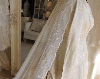 1930s ivory wedding veil, Art Deco embroidered tulle wedding veil, vintage brides bridal veil, Downton Abbey or Great Gadsby style wedding