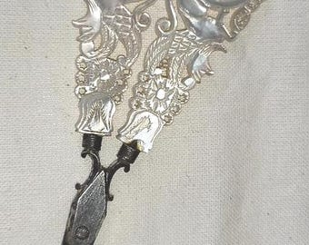 Antique Palais Royal carved mother of pearl handles scissors, Victorian needlwork embroidery scissors.
