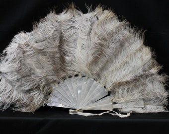 Victorian/Edwardian female ostrich feather on white mother of pearl fan, white & brown burlesque feathers, theatre/film costume accessory,
