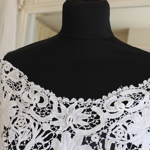 Victorian Irish lace bodice, 1850s wide scoop neck dress top, white antique Jane Austen style empire waist open lace blouse, vintage wedding image 7