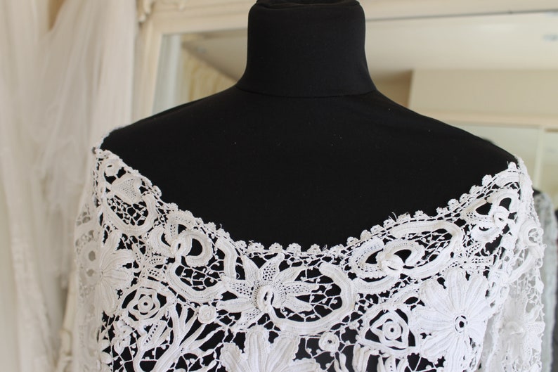 Victorian Irish lace bodice, 1850s wide scoop neck dress top, white antique Jane Austen style empire waist open lace blouse, vintage wedding image 7