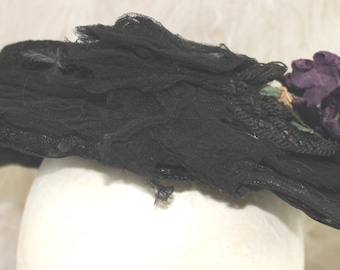 Edwardian black bonnet, Victorian Gothic/Steampunk black & purple mourning bonnet, antique hat with velvet roses, lace, tulle