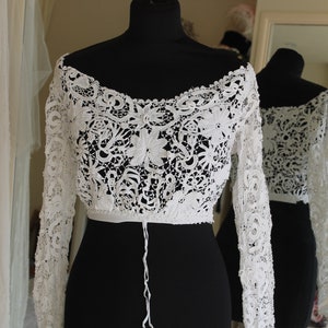 Victorian Irish lace bodice, 1850s wide scoop neck dress top, white antique Jane Austen style empire waist open lace blouse, vintage wedding image 2