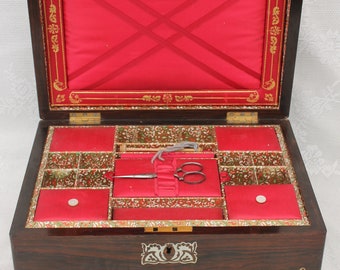 Victorian sewing box, antique Mother of pearl inlaid sewing box, fitted red lined ladies work box,