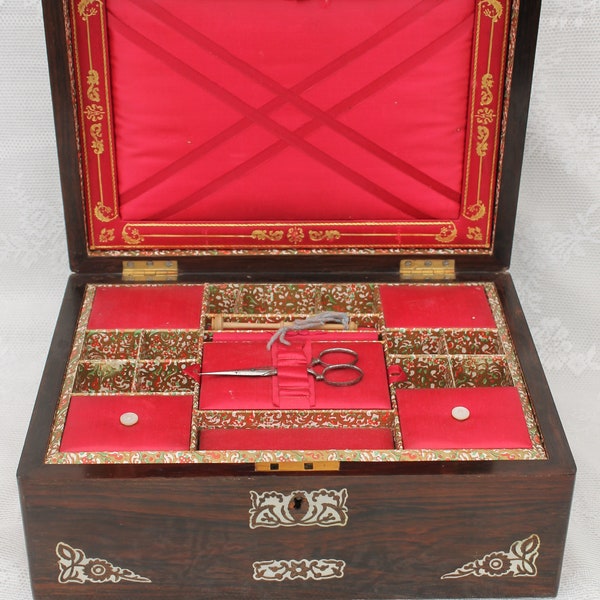 Victorian sewing box, antique Mother of pearl inlaid sewing box, fitted red lined ladies work box,