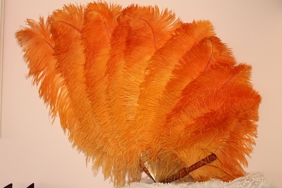 Art Deco feather fan, large orange feather fan, a… - image 1