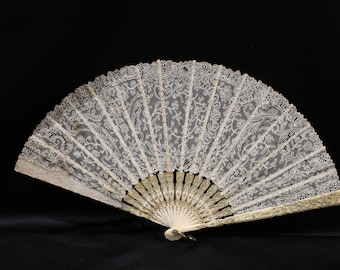 Antique lace fan, Victorian carved and gilded bovine bone hand fan, brides wedding gift, Edwardian gold decorated lace folding fan