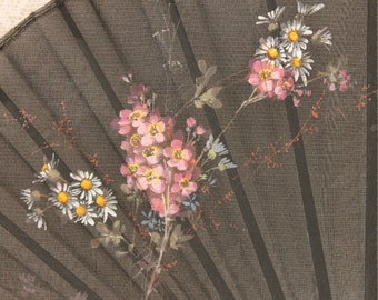 Victorian Black Silk Hand Fan, Pink Floral Bouquet, Gothic Steampunk