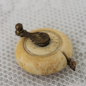 Victorian tape measure, bovine bone small circular sewing tool, narrow cotton tape measure sewing accessory, retractable sewing tape