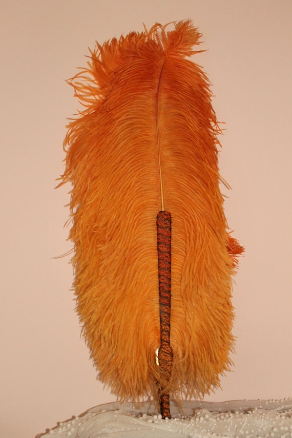 Art Deco feather fan, large orange feather fan, a… - image 9