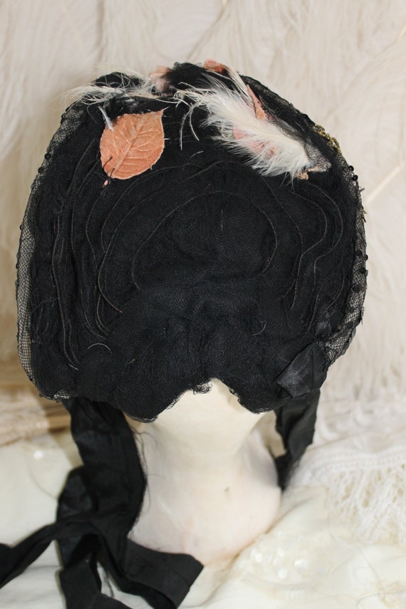 Antique black silk bonnet, Victorian mourning hat… - image 8