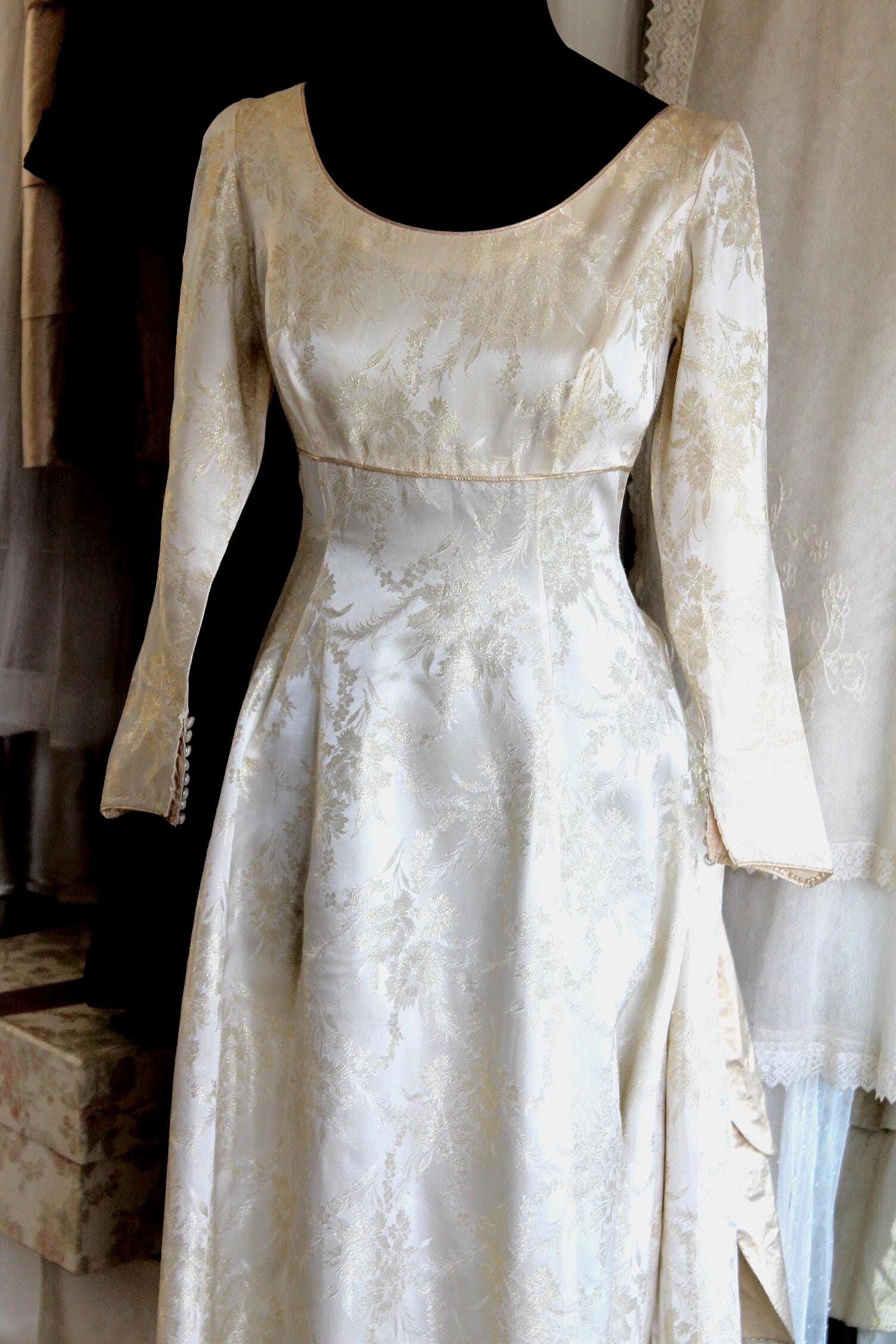 1960's ivory & gold brocade round neck, long sleeved full length wedding dress, vintage bridal gown, with original underskirt petticoat