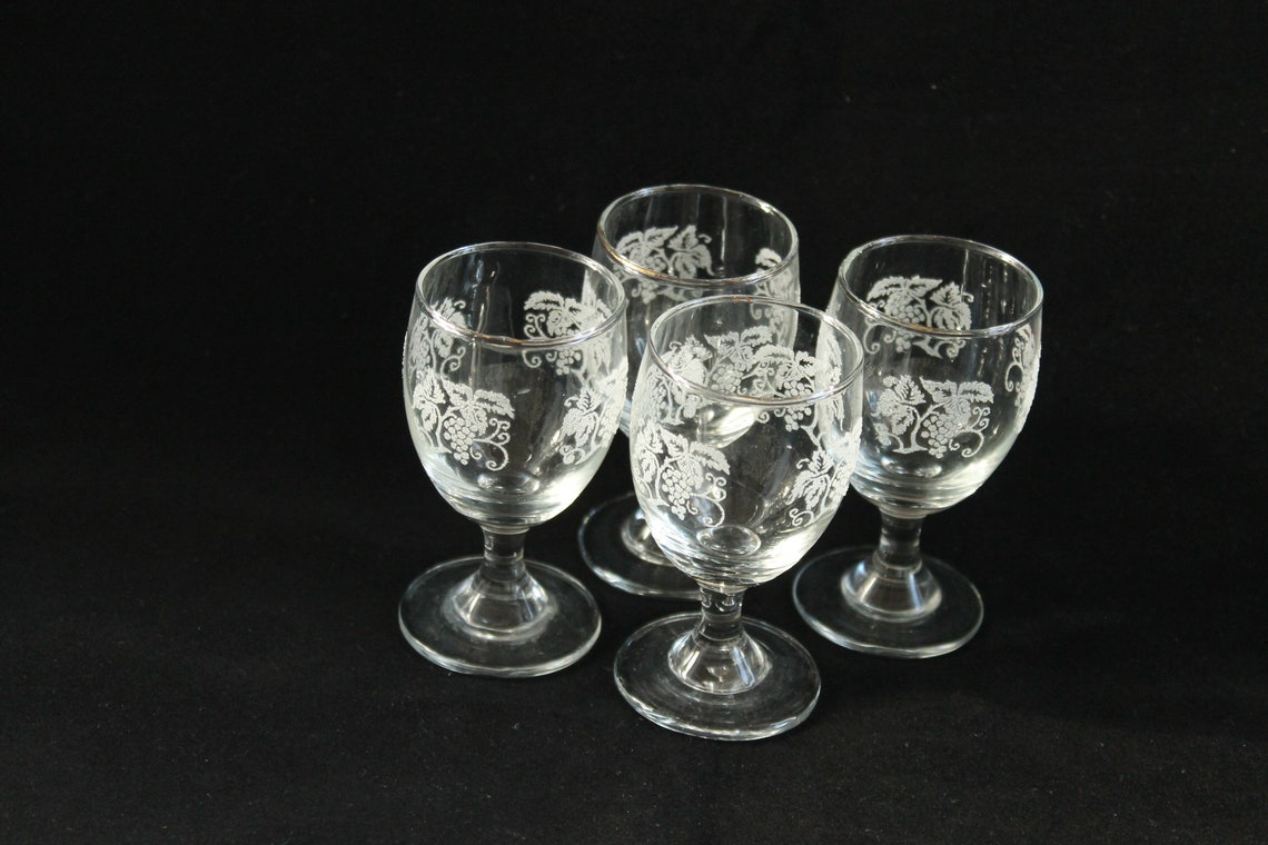 Set of 4 vintage clear sherry glasses etched with grape vines Etsy