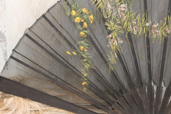 Victorian black fan, wood & painted gauze folding… - image 8