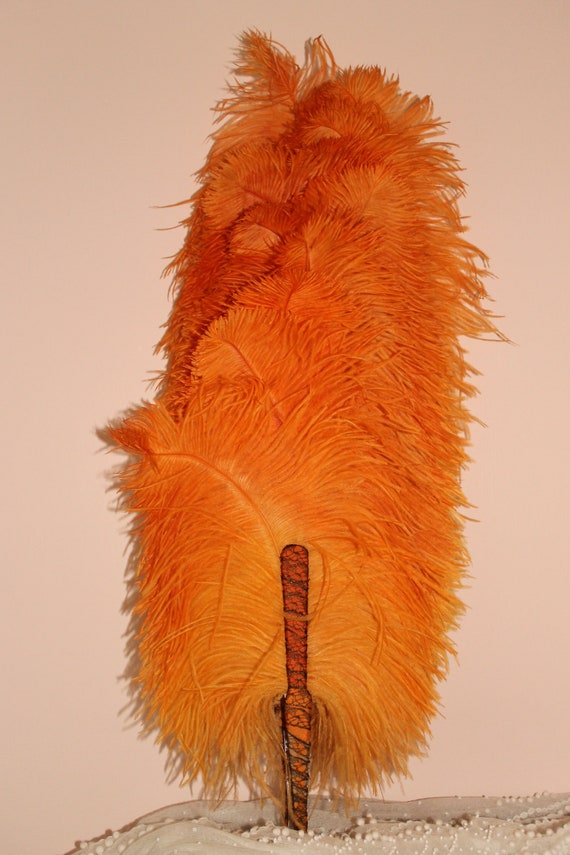 Art Deco feather fan, large orange feather fan, a… - image 3