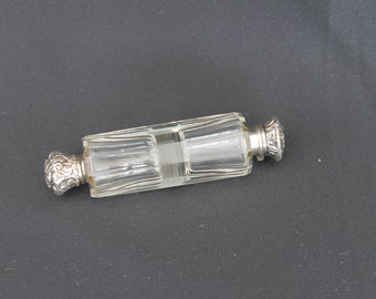 Victorian silver & cut glass double ended Scent bottle, antique heavy crystal glass perfume bottle, ladies repousse silver lidded bottle