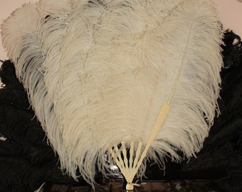 Edwardian debutante Ostrich feather fan, off white wedding fan, bovine bone fan, vintage bride fan, Burlesque fan, costume fan