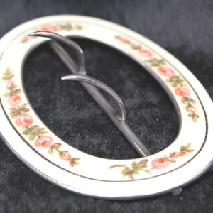 Edwardian guilloche & silver buckle, 1912/13 cream floral enamel belt buckle, Art Nouveau pink floral/cream enamel sash decoration buckle,