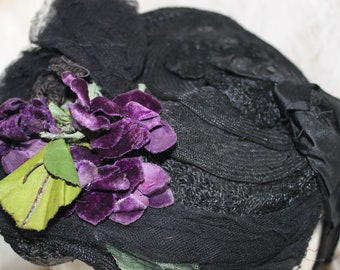 Victorian Gothic/Steampunk black & purple mourning bonnet, Edwardian black bonnet, antique hat with velvet roses, lace, tulle, satin ribbon