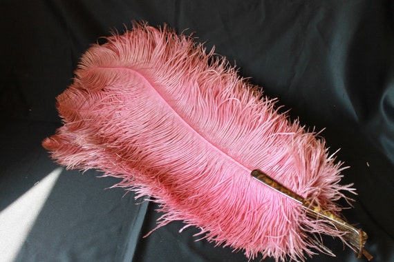 Large Raspberry pink ostrich feather fan, antique… - image 10