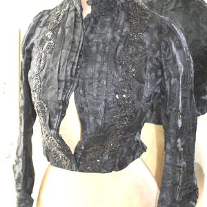 Victorian/Edwardian silk damask pleated bodice decorated with beads, antique Gothic Victorian ladies costume top, ladies silk black jacket,