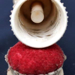 Victorian sewing etui, antique carved bovine bone thimble holder, pin cushion, bobbin holder, sewing clamp, dressmakers needlework tools