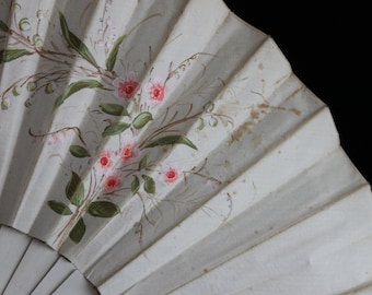 Victorian cream hand fan, spares/repairs, antique folding fan, painted flowers hand fan, antique ladies collectors fan, vintage costume fan