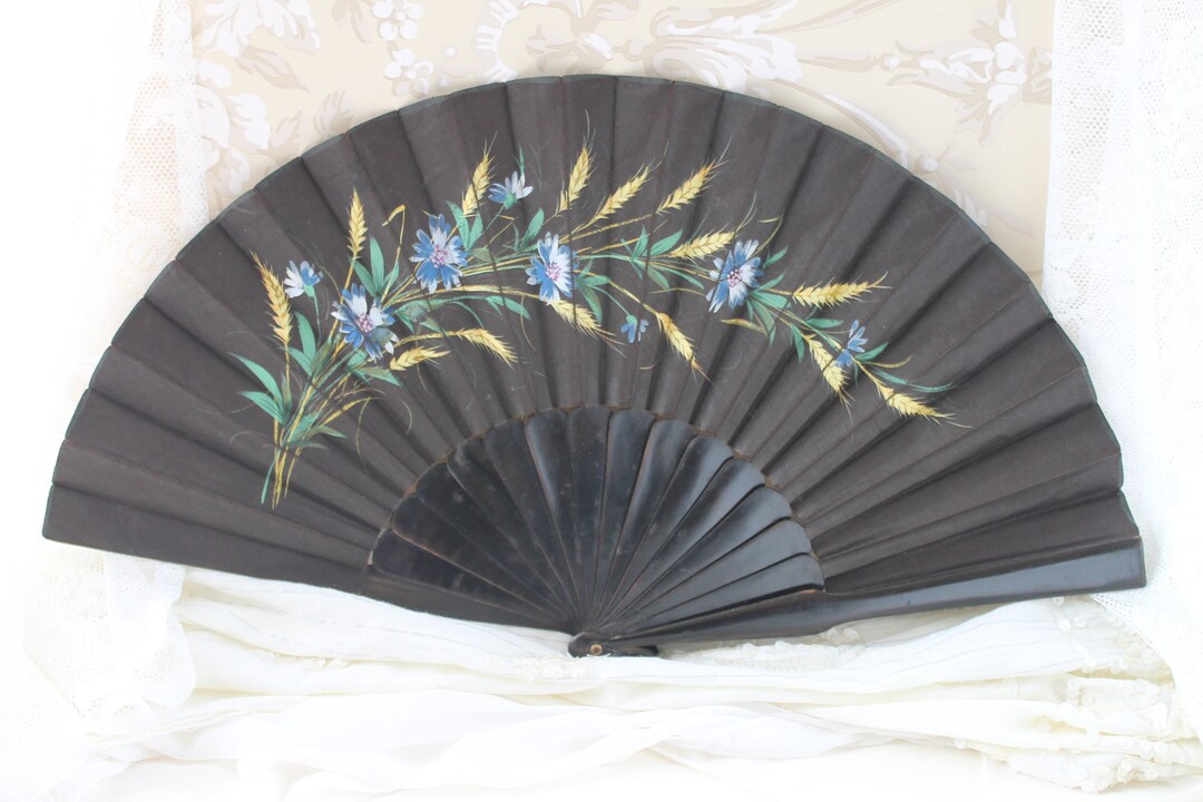 Edwardian Black Fan, Hand Painted Folding Hand Held Fan, Antique ...