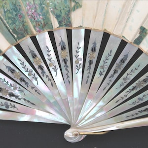 Victorian mother of pearl fan, Edwardian painted hand fan, antique gilded white mop folding fan, Belle Epoque era picture leaf signed Stella