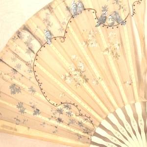 Victorian hand fan, lace &  blue birds silk hand held folding fan, 1800&#39;s antique bovine bone collectors fan, theatre or film costume prop