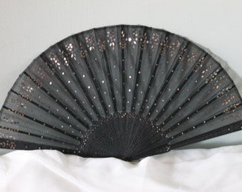 Victorian black fan, carved wood & sequined silk folding hand fan, antique 1800s Gothic costume collectors fan, theatre/film costume  prop,