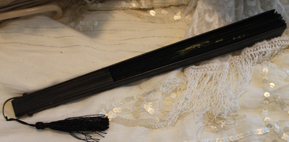 Victorian black fan, wood & painted gauze folding… - image 4