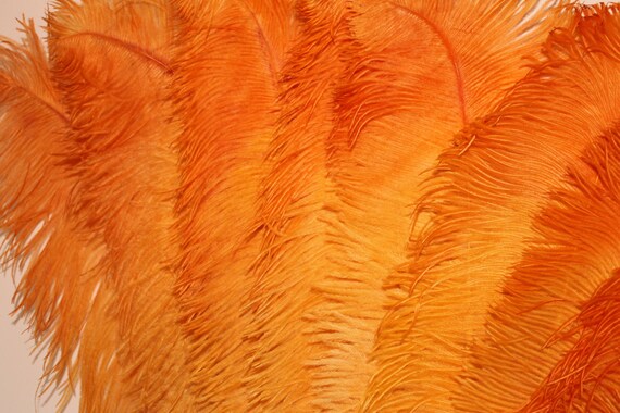 Art Deco feather fan, large orange feather fan, a… - image 10