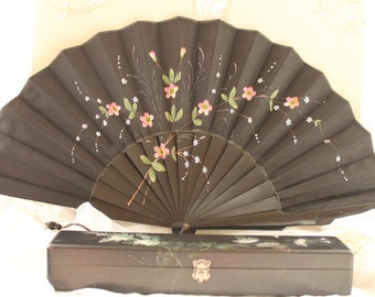 Victorian black hand fan, original box, black Victorian Gothic fan, costume fan floral hand held fan, antique pink & blue flowers fan
