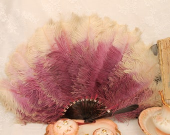 Antique lilac and white feather fan, Art Nouveau ostrich feather and tortoiseshell hand fan, burlesque large feather folding fan