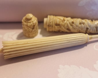 Victorian Bovine Bone Needle Cases, Carved Sewing Etui