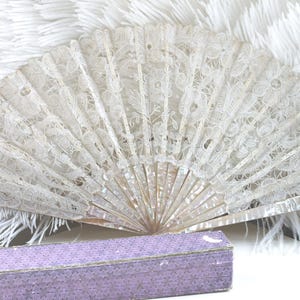 Victorian mother of pearl and Brussels lace folding hand held fan, vintage brides wedding fan, antique collectors or theatre prop