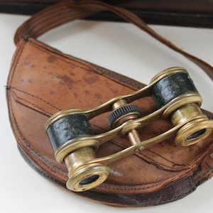 Edwardian field glasses, leather & brass opera glasses, brown leather case, vintage eye glasses, antique Edwardian costume binoculars,