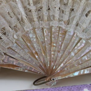 Victorian mother of pearl and Brussels lace folding hand held fan, vintage brides wedding fan, antique collectors or theatre prop