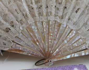 Victorian mother of pearl and Brussels lace folding hand held fan, vintage brides wedding fan, antique collectors or theatre prop