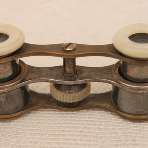 Victorian/Edwardian metal & mother of pearl opera glasses with folding handle, antique ladies eye glasses, brass and  mop opera glasses,