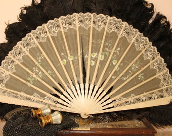 Victorian lace & organza floral painted ladies hand held fan, 19th century folding fan, brides cream wedding fan, film or theatre prop,