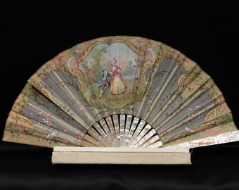 Duvelleroy antique fan in satin box, mother of pearl Victorian hand fan embroidered with sequins, brides vintage wedding fan,