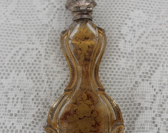 Victorian French Scent bottle, antique shaped glass perfume bottle with silver top and glass stopper, mid 19th century decorated bottle