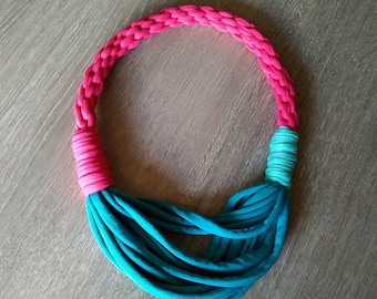 TEAL and HOT PINK fabric knitted necklace