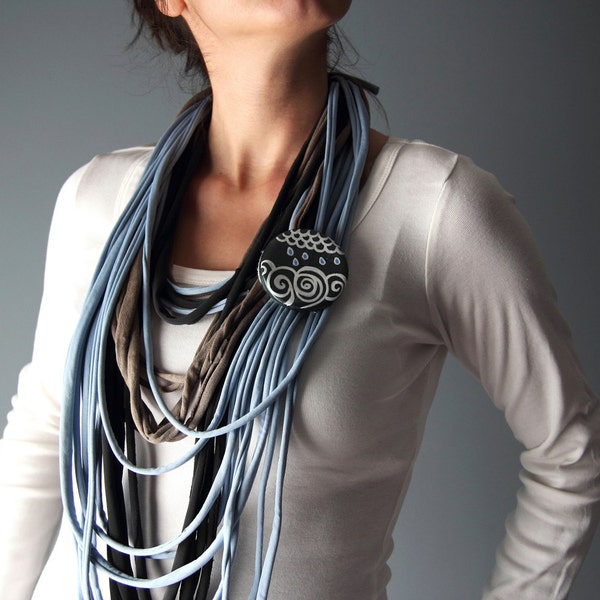 T-Shirt LONG SCARF NECKLACE in blue-black and brown with extra handmade brooch -christmas present